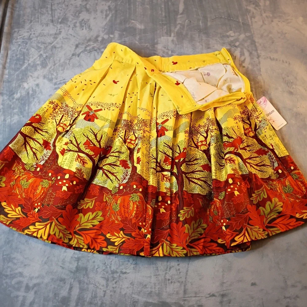Girstunm Yellow Autumn Fox Owl Windmill Print Pleated A-Line Skirt NWT New